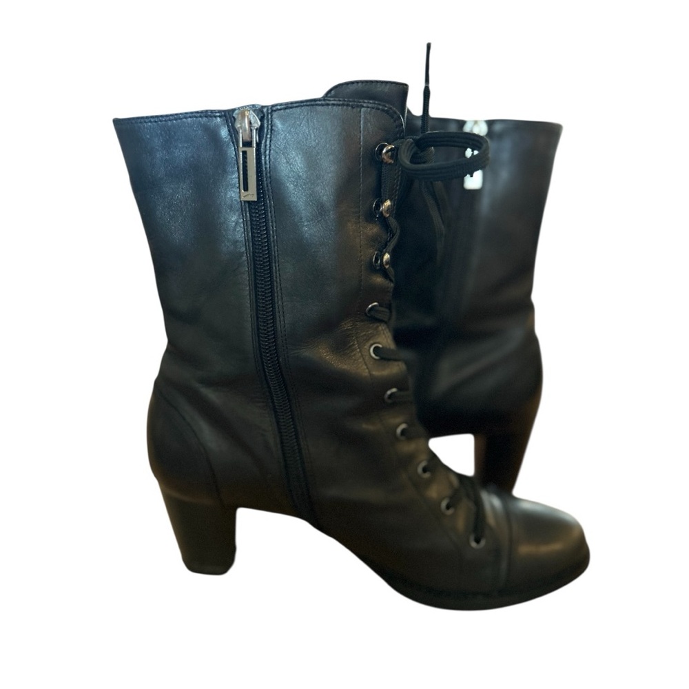 Genuine Leather Black Combat-Style Heeled Boots – Size 6.5 (Like New)